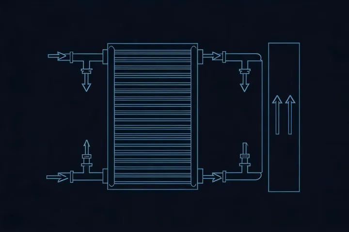 Schematic plate heat exchanger cell showing two circuits, drains and maintenance aisle without a street address