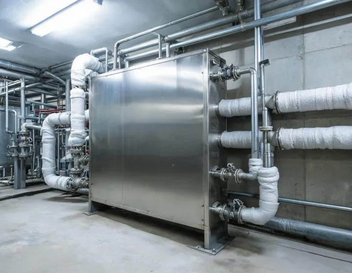 Stainless plate heat exchanger with process piping in a plant mechanical room